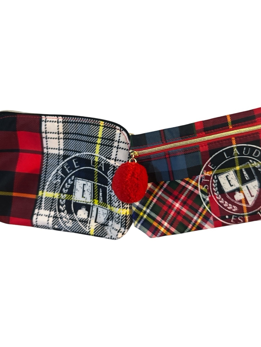 NWOT Estée Lauder Plaid Cosmetic Pouch Set with Red Pom Pom good acc new